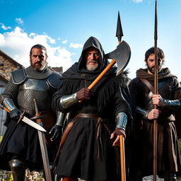 Three individuals from the Middle Ages, clad in authentic medieval armor and attire, stand with weapons in hand, looking menacingly