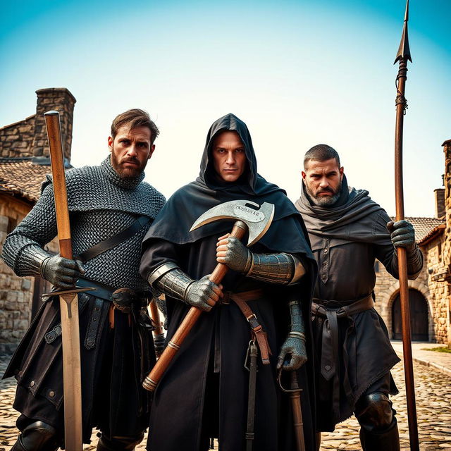 Three individuals from the Middle Ages, clad in authentic medieval armor and attire, stand with weapons in hand, looking menacingly