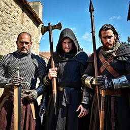 Three individuals from the Middle Ages, clad in authentic medieval armor and attire, stand with weapons in hand, looking menacingly