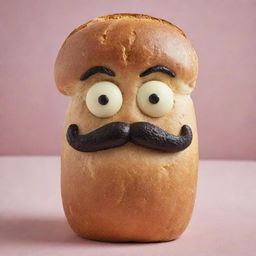 A freshly baked loaf of bread with a creative touch, adorned with a distinctly styled mustache, giving it a playful character.