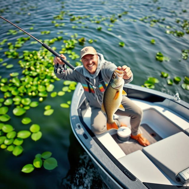 A dynamic and realistic scene on a lively lake, featuring vibrant green lilies scattered across the water's surface in the background