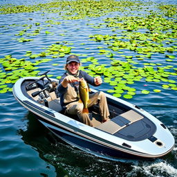 A dynamic and realistic scene on a lively lake, featuring vibrant green lilies scattered across the water's surface in the background