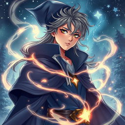 A stunning anime-style wizard (bruxo) with enchanting features and a long, flowing cape, surrounded by mystical energy swirling around him