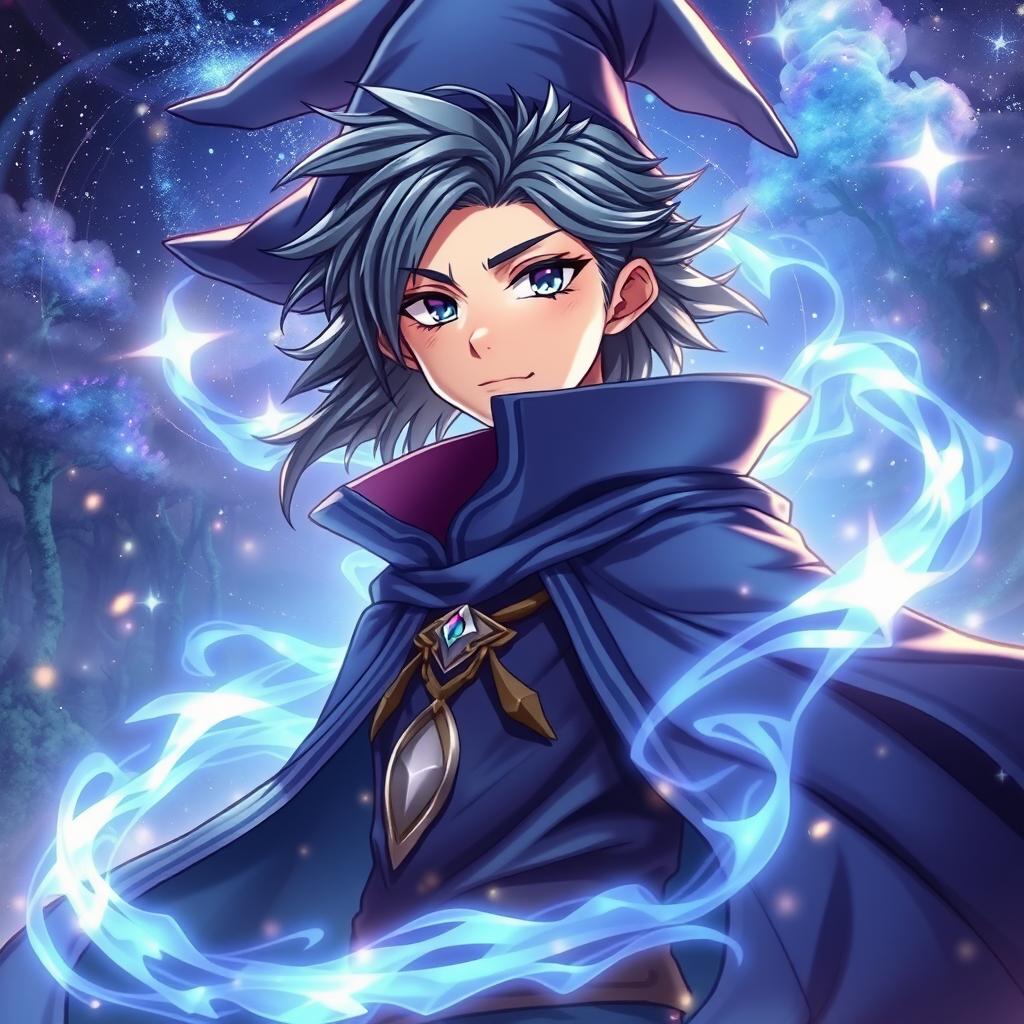 A stunning anime-style wizard (bruxo) with enchanting features and a long, flowing cape, surrounded by mystical energy swirling around him