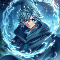 A stunning anime-style wizard (bruxo) with enchanting features and a long, flowing cape, surrounded by mystical energy swirling around him