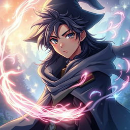 A stunning anime-style wizard (bruxo) with enchanting features and a long, flowing cape, surrounded by mystical energy swirling around him