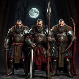 Three imposing figures from the Middle Ages, dressed in detailed armor and medieval attire, stand together in a dramatic pose