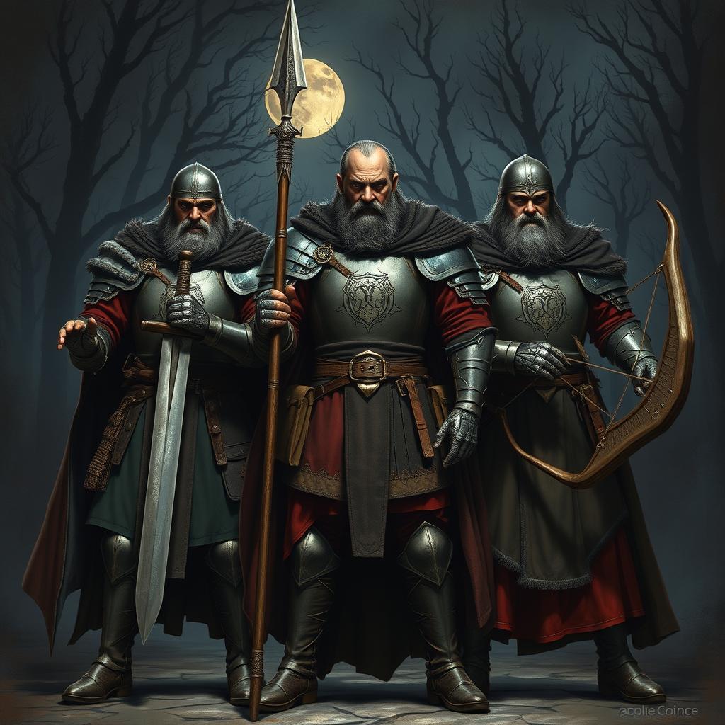 Three imposing figures from the Middle Ages, dressed in detailed armor and medieval attire, stand together in a dramatic pose