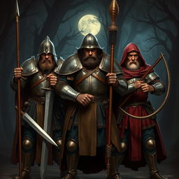 Three imposing figures from the Middle Ages, dressed in detailed armor and medieval attire, stand together in a dramatic pose