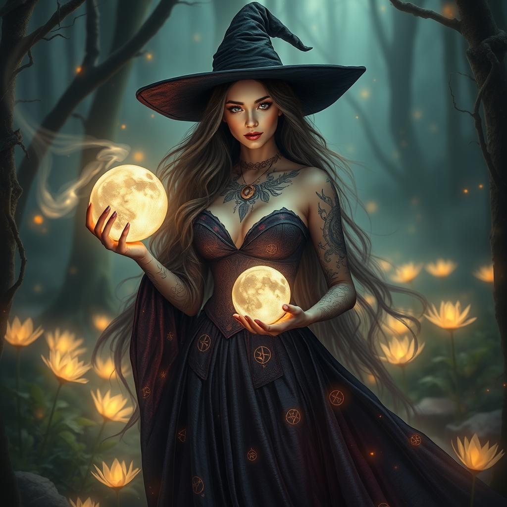 A beautiful and enchanting witch, with long flowing hair and intricate, mystical tattoos glowing softly on her skin