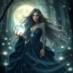 A beautiful and enchanting witch, with long flowing hair and intricate, mystical tattoos glowing softly on her skin