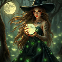 A beautiful and enchanting witch, with long flowing hair and intricate, mystical tattoos glowing softly on her skin