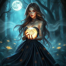 A beautiful and enchanting witch, with long flowing hair and intricate, mystical tattoos glowing softly on her skin