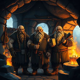 Three dwarves standing in a traditional forge inside a cozy, dimly lit cave