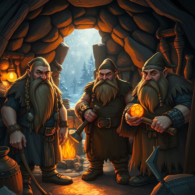 Three dwarves standing in a traditional forge inside a cozy, dimly lit cave