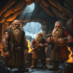 Three dwarves standing in a traditional forge inside a cozy, dimly lit cave