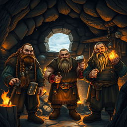 Three dwarves standing in a traditional forge inside a cozy, dimly lit cave