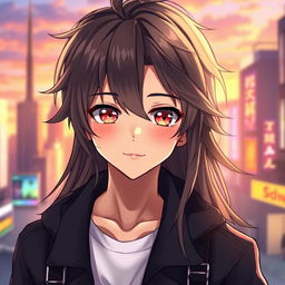 A beautiful anime boy with striking features, styled with long, flowing hair that glimmers under soft lighting