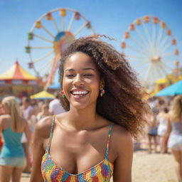 A lifelike image of a cheerful woman enjoying a vibrant carnival, the lively crowd and colorful rides around her, with a serene beach setting in the background.