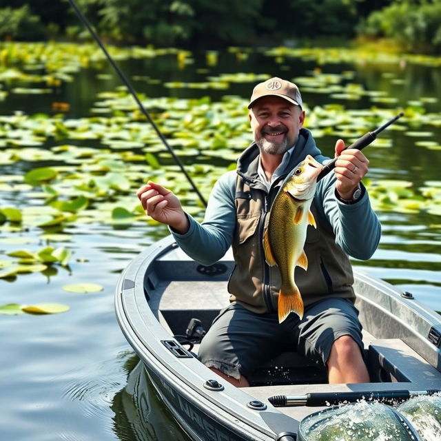 A lively and realistic scene on a picturesque lake, adorned with vibrant green lilies floating gently in the background