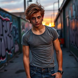 A sexy teenage boy with an appealing physique, showcasing stylish jeans and a fitted tee that accentuates his form