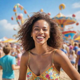 A lifelike image of a cheerful woman enjoying a vibrant carnival, the lively crowd and colorful rides around her, with a serene beach setting in the background.