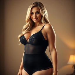 A voluptuous blonde woman wearing a sophisticated black teddy, showcasing her curves confidently