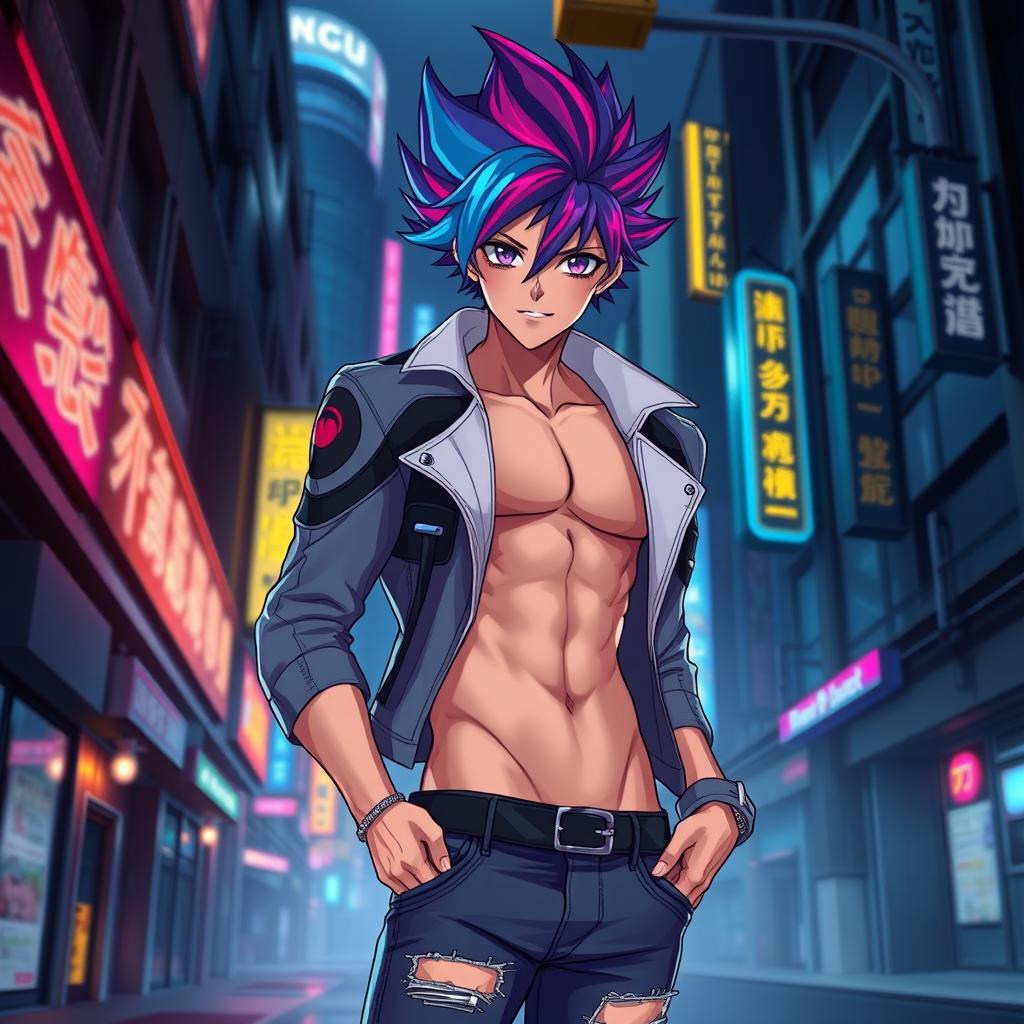 A sexy anime boy with a captivating design, featuring stylish spiky hair in a gradient of vibrant colors