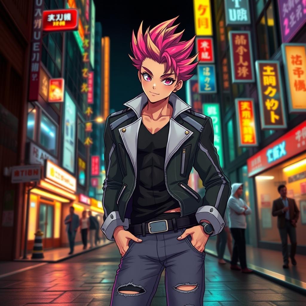 A sexy anime boy with a captivating design, featuring stylish spiky hair in a gradient of vibrant colors