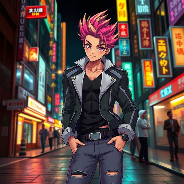 A sexy anime boy with a captivating design, featuring stylish spiky hair in a gradient of vibrant colors