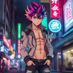 A sexy anime boy with a captivating design, featuring stylish spiky hair in a gradient of vibrant colors