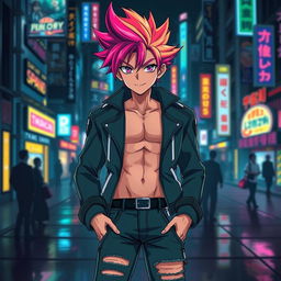 A sexy anime boy with a captivating design, featuring stylish spiky hair in a gradient of vibrant colors