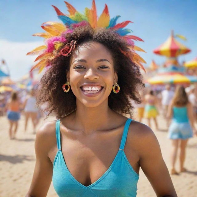 A lifelike image of a cheerful woman enjoying a vibrant carnival, the lively crowd and colorful rides around her, with a serene beach setting in the background.