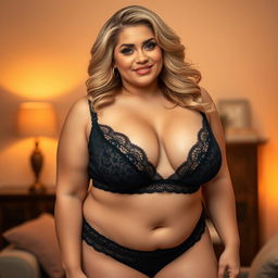 A curvy chubby blonde woman with large breasts wearing a stylish black teddy, accentuating her voluptuous figure