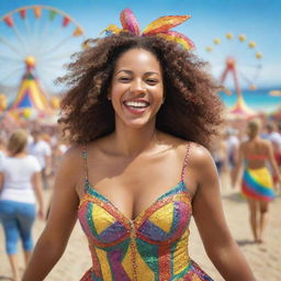 A lifelike image of a cheerful woman enjoying a vibrant carnival, the lively crowd and colorful rides around her, with a serene beach setting in the background.