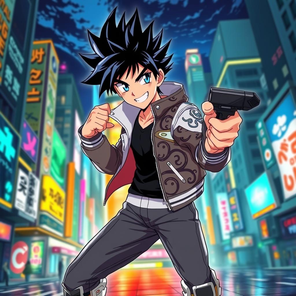 A striking image of a charismatic male anime character with spiky black hair, vivid blue eyes, and a mischievous grin