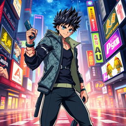 A striking image of a charismatic male anime character with spiky black hair, vivid blue eyes, and a mischievous grin