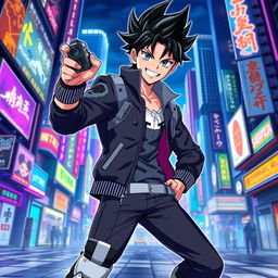 A striking image of a charismatic male anime character with spiky black hair, vivid blue eyes, and a mischievous grin