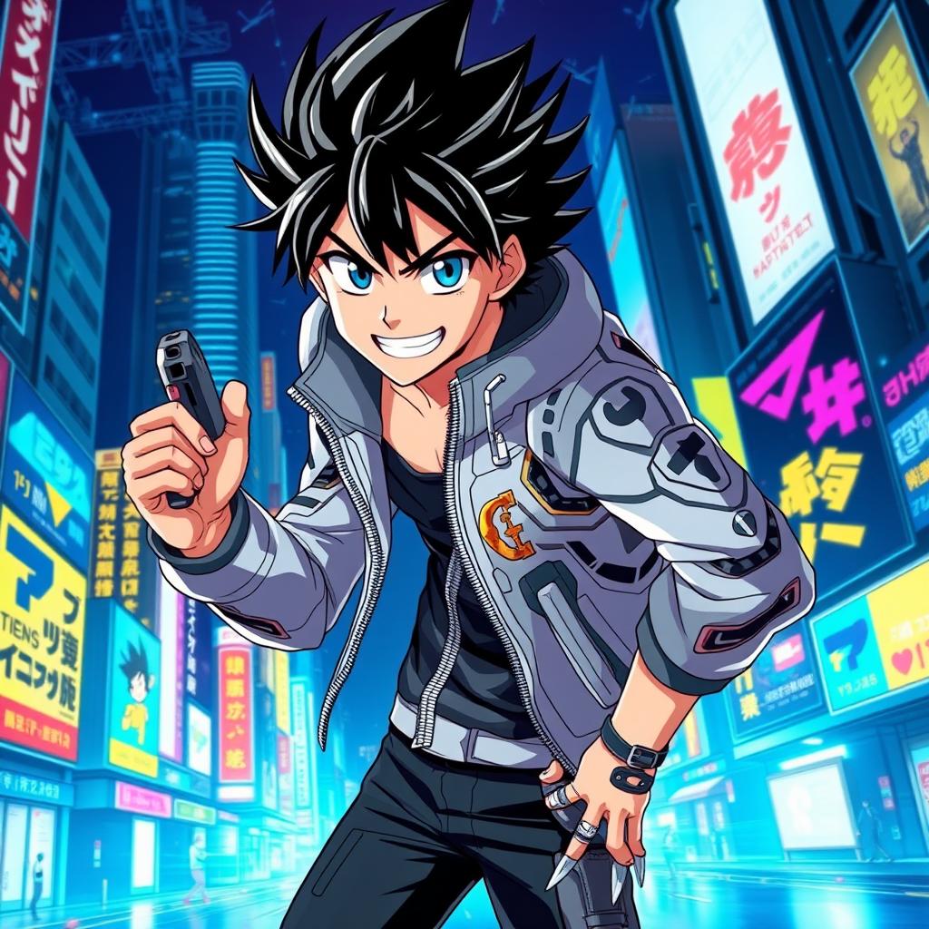 A striking image of a charismatic male anime character with spiky black hair, vivid blue eyes, and a mischievous grin