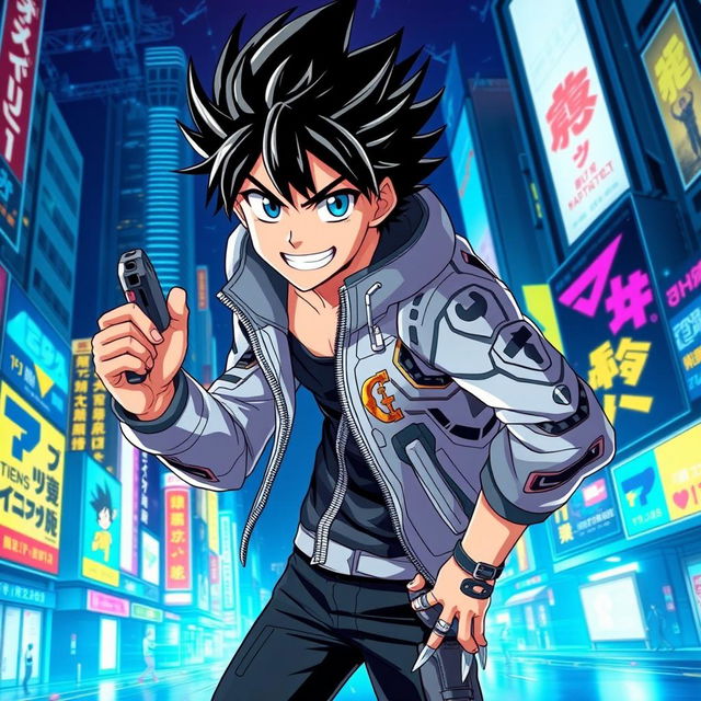 A striking image of a charismatic male anime character with spiky black hair, vivid blue eyes, and a mischievous grin