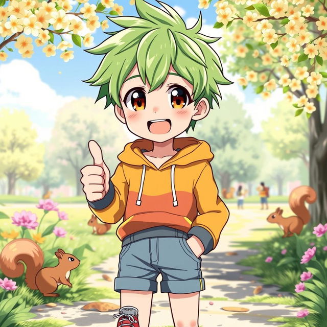 A vibrant image of a young male anime character, featuring bright green hair styled in a cute, messy fashion and sparkling brown eyes full of curiosity