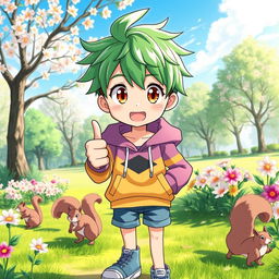 A vibrant image of a young male anime character, featuring bright green hair styled in a cute, messy fashion and sparkling brown eyes full of curiosity