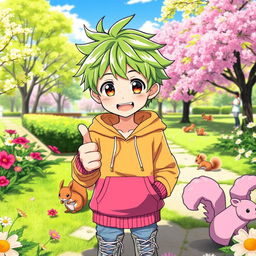 A vibrant image of a young male anime character, featuring bright green hair styled in a cute, messy fashion and sparkling brown eyes full of curiosity