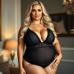 An alluring blonde woman with a curvy figure and large breasts, wearing a chic black teddy that emphasizes her voluptuous shape