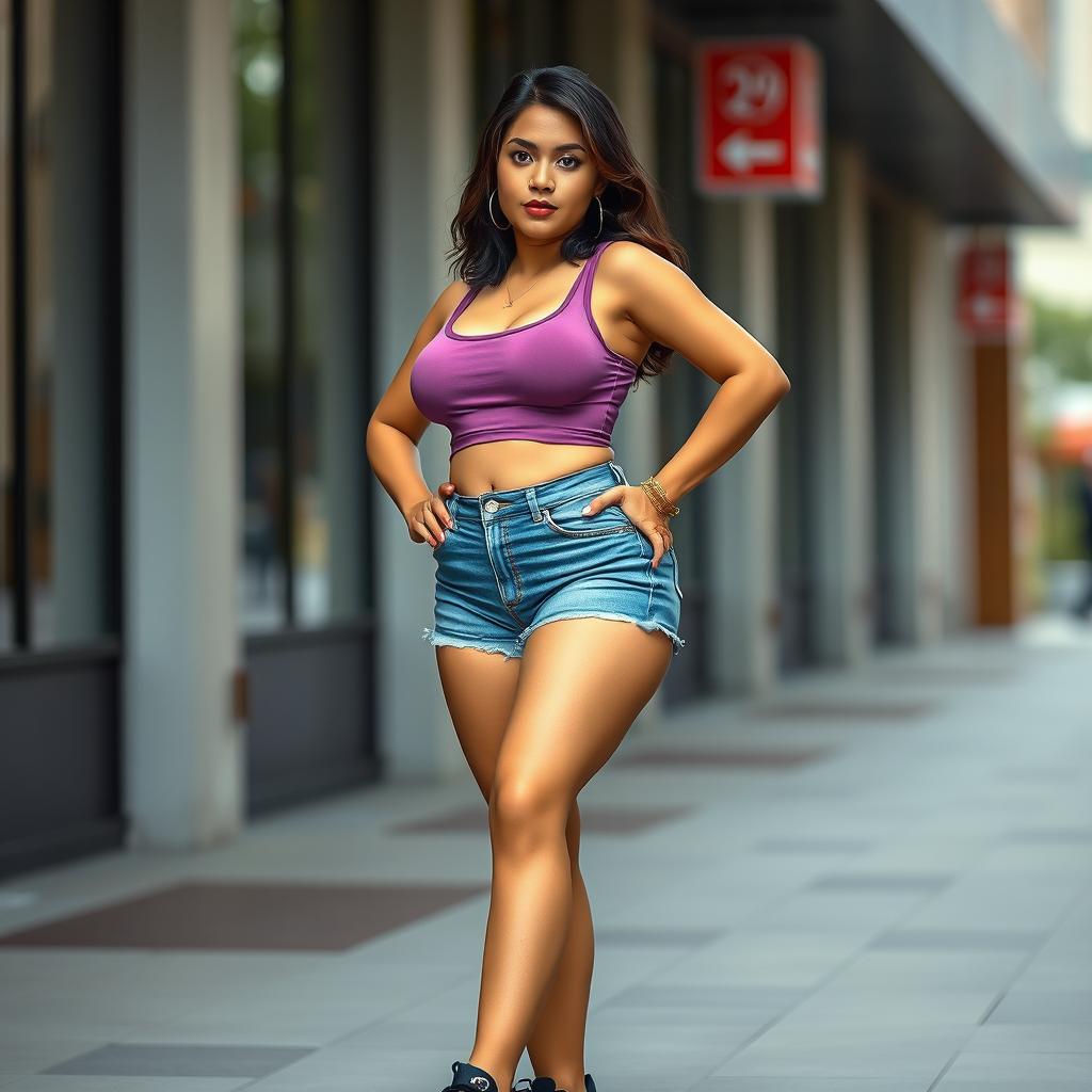 A realistic portrayal of an Indonesian woman with a curvy body, large chest, and voluptuous hips, dressed in a stylish short tank top revealing her figure, paired with mini denim shorts that accentuate her curves