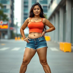 A realistic portrayal of an Indonesian woman with a curvy body, large chest, and voluptuous hips, dressed in a stylish short tank top revealing her figure, paired with mini denim shorts that accentuate her curves