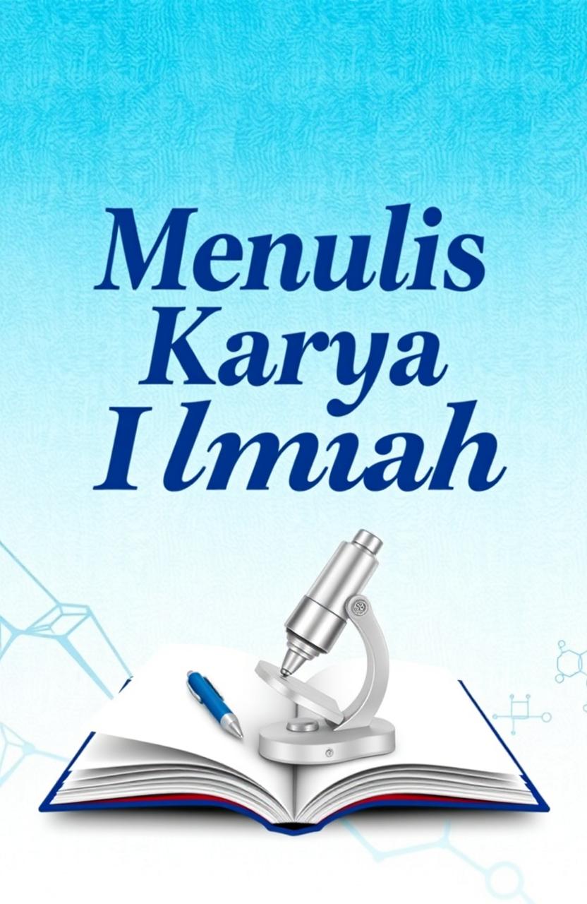 A visually striking book cover for the title 'Menulis Karya Ilmiah', featuring a prominent, modern design that incorporates elements of scientific research and writing