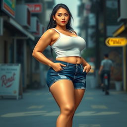 A realistic portrayal of an Indonesian woman with a yellowish skin tone, featuring a curvy body with a large chest and voluptuous hips