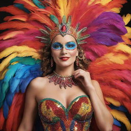 Modify the previous image to show the woman in vibrant and flamboyant carnival attire, complete with feathers, sequins, and bold colours, perfectly blending with the festive scene.