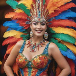 Modify the previous image to show the woman in vibrant and flamboyant carnival attire, complete with feathers, sequins, and bold colours, perfectly blending with the festive scene.